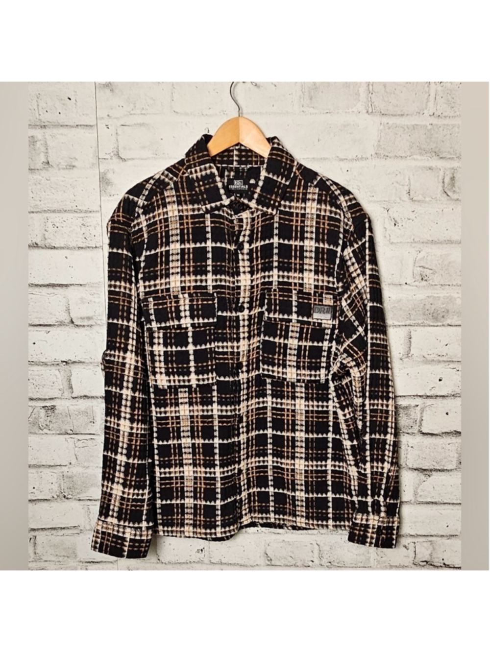 DRJ Essentials Plaid Shirt Jacket Black Tan Button Up Overshirt Medium